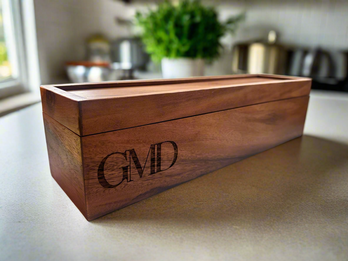 Personalized Acacia Wood Tea Box - 5 Compartment Organizer
