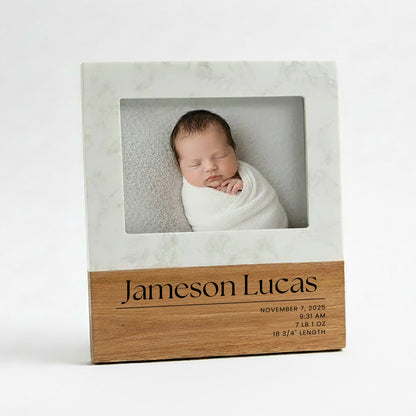 Personalized Birth Announcement Frame | Marble & Acacia Wood | Baby Name & Stats Frame | Newborn Keepsake Gift