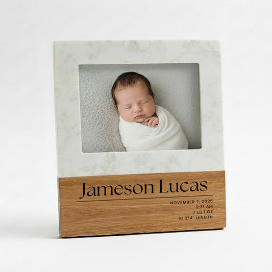 Personalized Birth Announcement Frame | Marble & Acacia Wood | Baby Name & Stats Frame | Newborn Keepsake Gift
