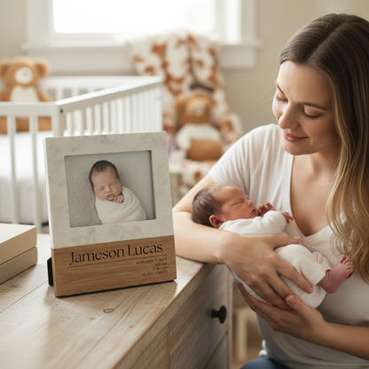 Personalized Birth Announcement Frame | Marble & Acacia Wood | Baby Name & Stats Frame | Newborn Keepsake Gift