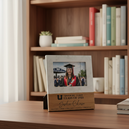 Personalized Graduation Photo Frame | Marble & Acacia Wood | Class of 2026 Gift | Custom School & Name Frame