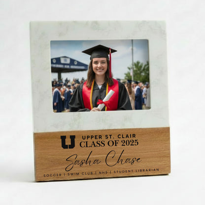 Personalized Graduation Photo Frame | Marble & Acacia Wood | Class of 2026 Gift | Custom School & Name Frame
