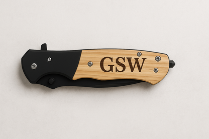 Custom Engraved Folding Pocket Knife – Natural Wood