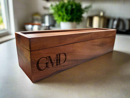 Personalized Acacia Wood Tea Box - 5 Compartment Organizer