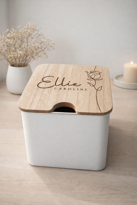 Personalized Keepsake Storage Tin with Engraved Wood Lid
